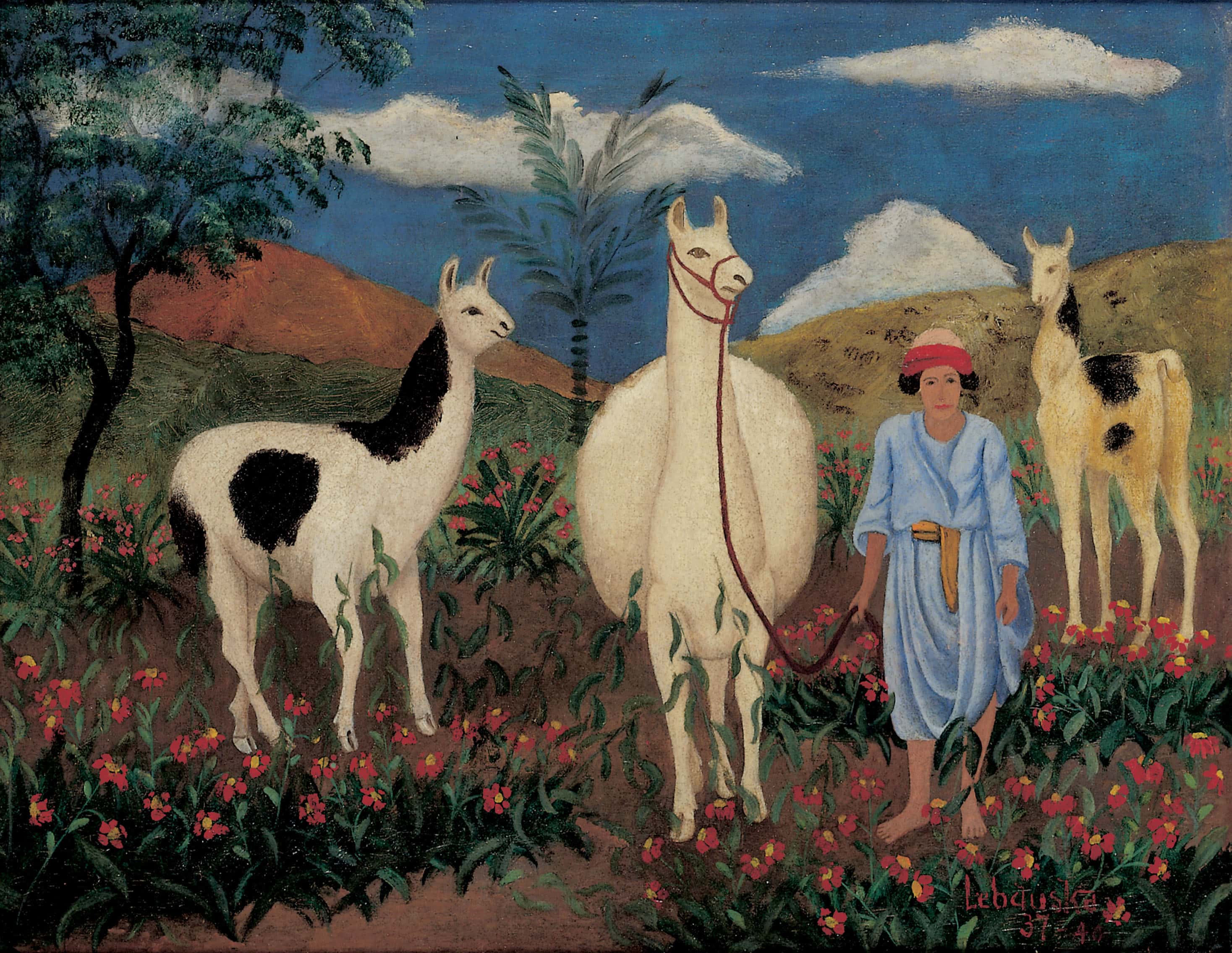 Lawrence Lebduska * 1894 – † 1966 Mann mit Lama, 1937-1940 Öl auf Leinwand 36 x 46 cm (Sammlung Zander | Naive Kunst)