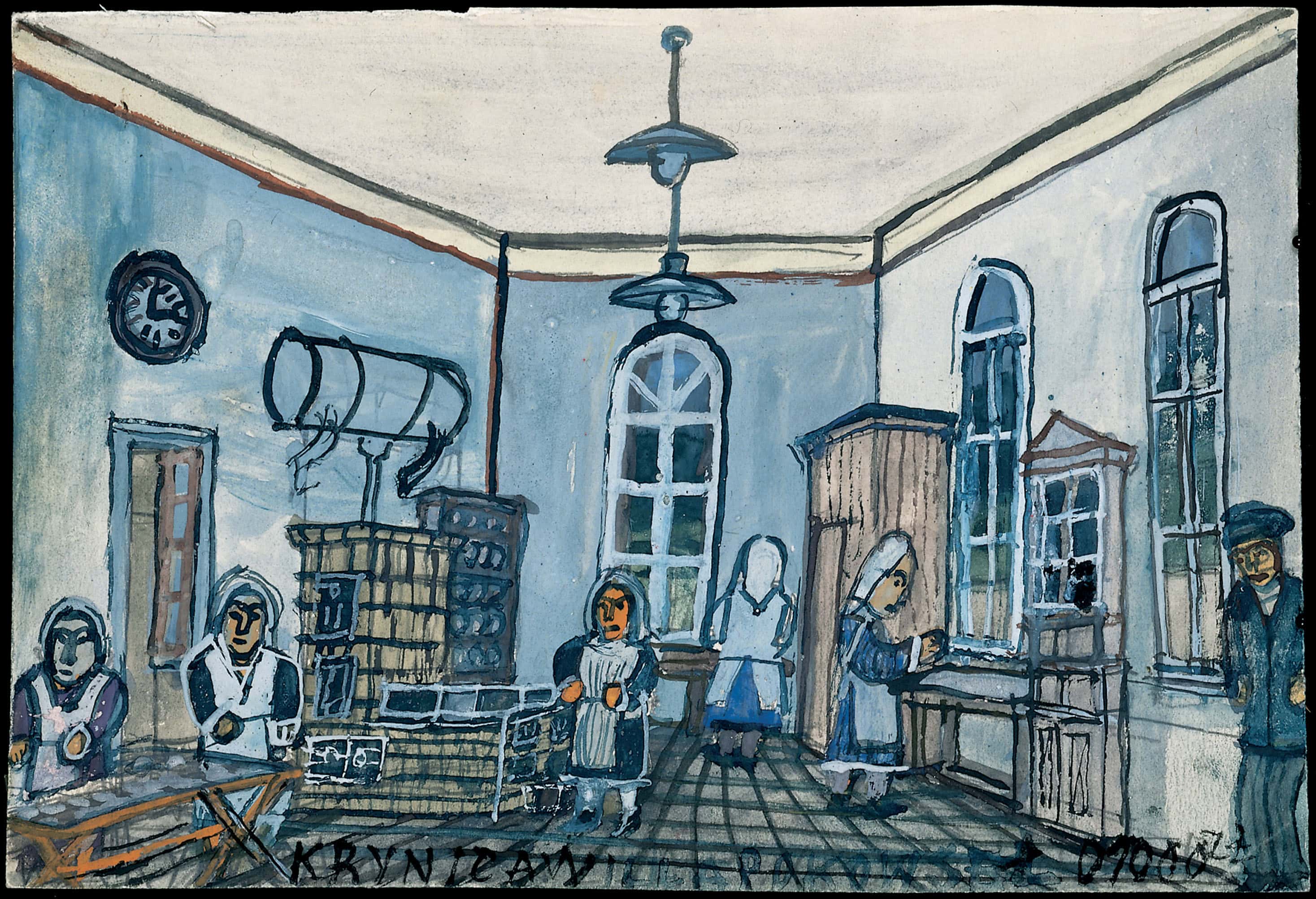 Nikifor * 1895 Krynica-Zdroj (POL) † 1969 in Folusz (POL) Große Küche mit sechs Personen, o. J. Tempera auf Karton 19.5 x 28.5 cm (Sammlung Zander | Naive Kunst)