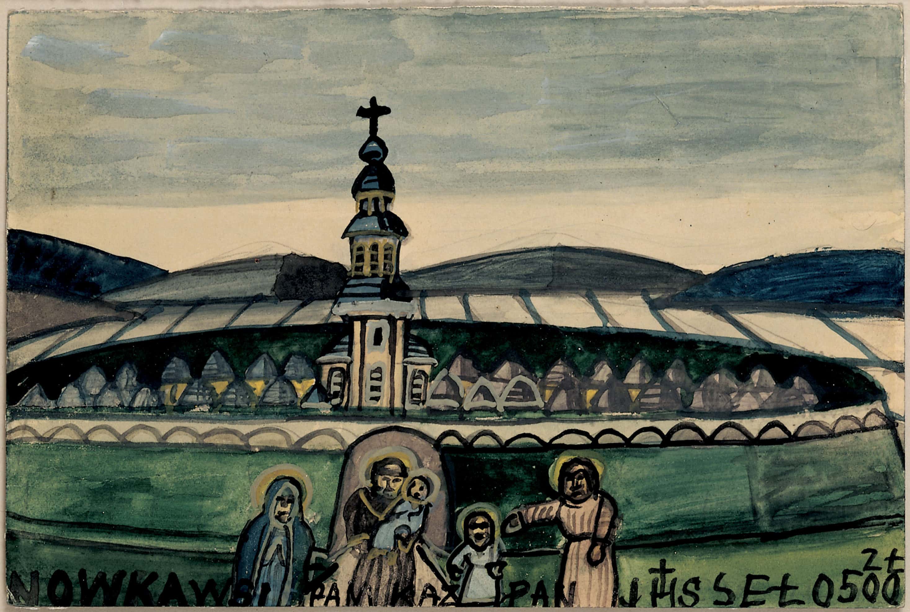 Nikifor * 1895 Krynica-Zdroj (POL) † 1969 in Folusz (POL) Heilige vor Kirche, o. J. Mischtechnik auf Papier 16.5 x 24.5 cm (Sammlung Zander | Naive Kunst)