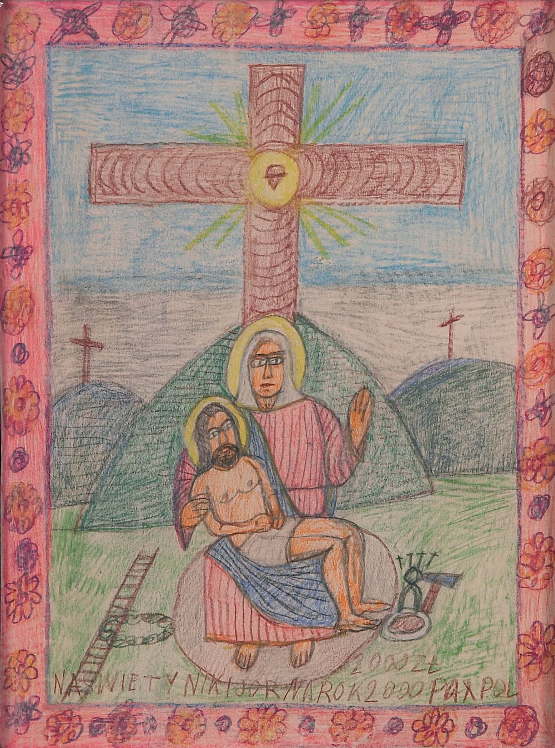 Nikifor * 1895 Krynica-Zdroj (POL) † 1969 in Folusz (POL) Pietà, o. J. Buntstift, Bleistift auf Karton 36 x 27.5 cm (Sammlung Zander | Naive Kunst)