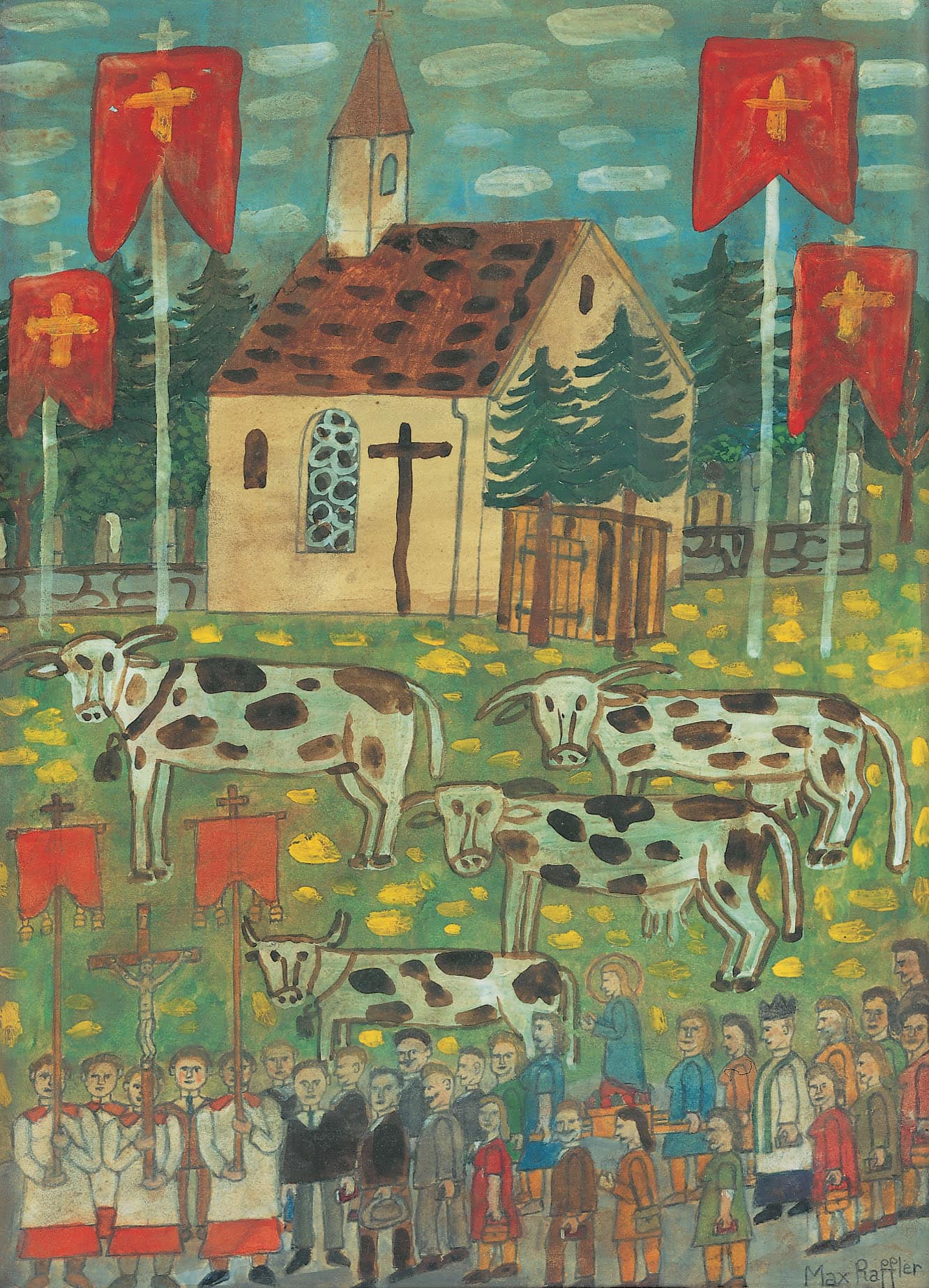 Max Raffler * 1902 in Greifenberg (DEU) † 1988 in Greifenberg (DEU) Prozession, o. J. Mischtechnik auf Papier 39 x 29 cm (Sammlung Zander | Naive Kunst)