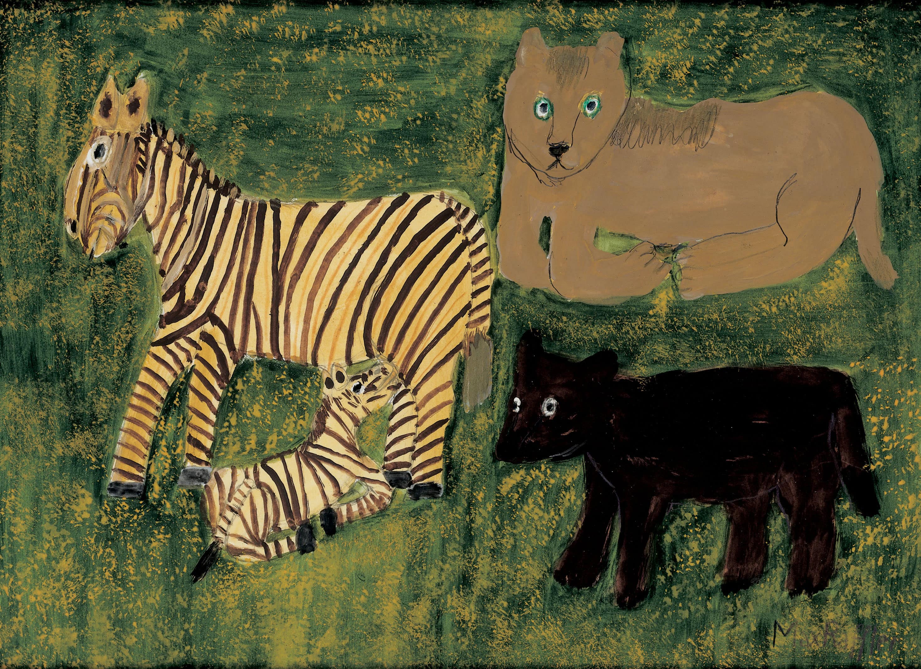 Max Raffler * 1902 in Greifenberg (DEU) † 1988 in Greifenberg (DEU) Zootiere / Zebras / Bär, o. J. Mischtechnik auf Papier 31 x 40 cm (Sammlung Zander | Naive Kunst)