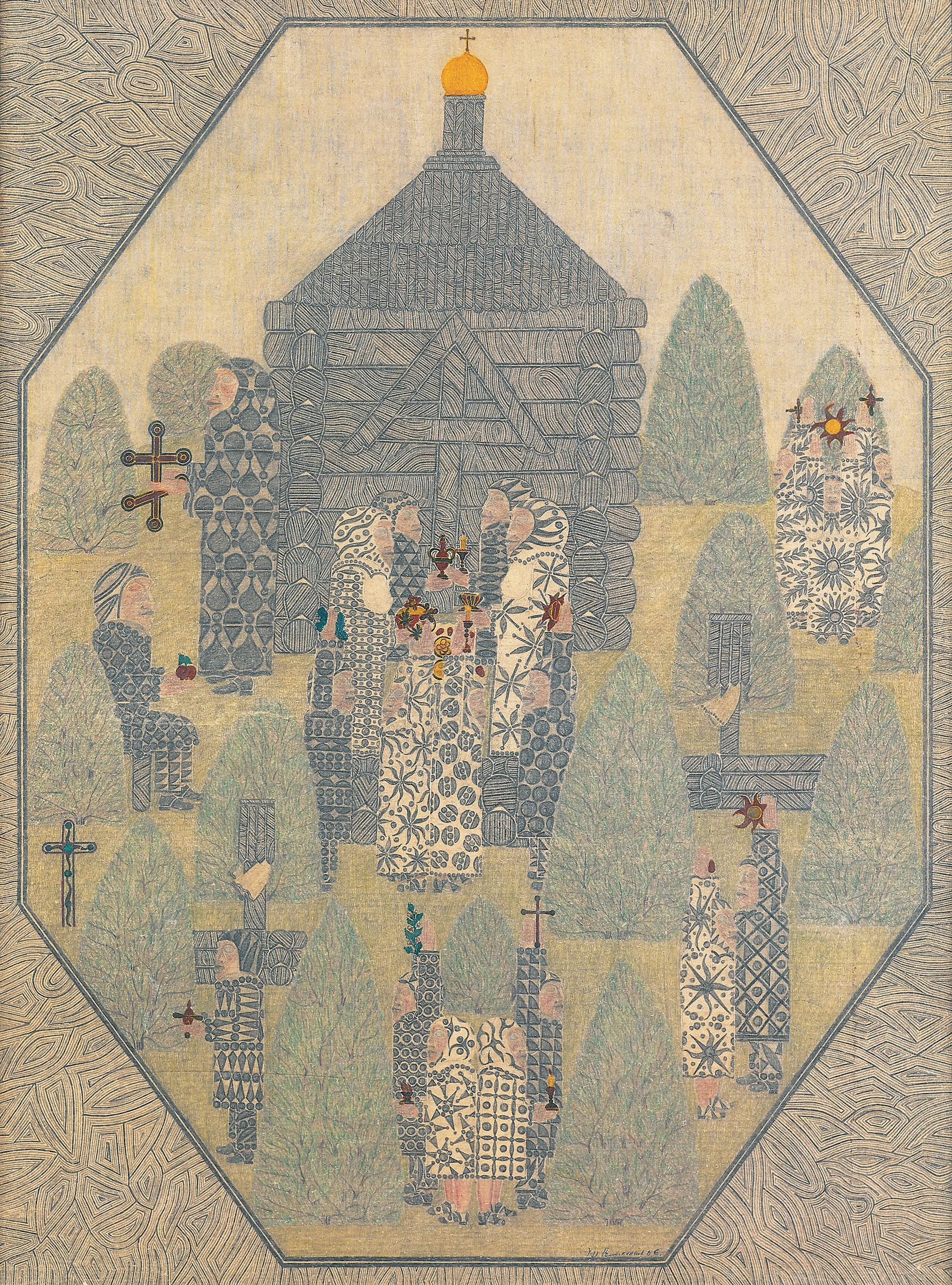 Wassili T. Romanenkow * 1953 Ländlicher Friedhof, 1996 Mischtechnik auf Papier auf Hartfaser 70 x 52,5 cm (Sammlung Zander | Naive Kunst)