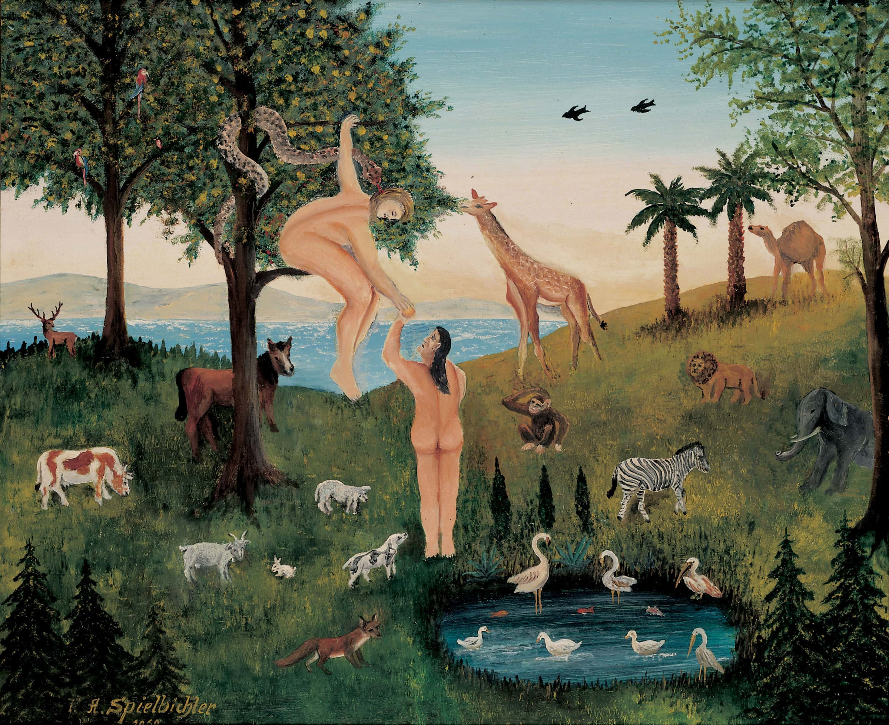 Franz Spielbichler * 1899 in Trübenbach (AUT) – † 1975 (?) (AUT) Im Paradies, 1969 oil on wood 50 x 60 cm (Sammlung Zander | Naive Art)