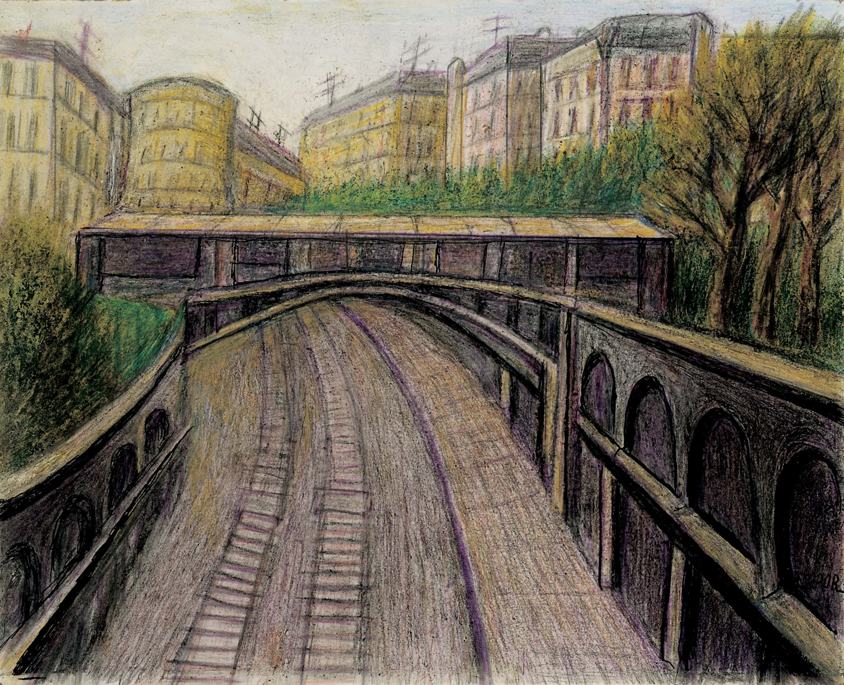 Abram Topor * 1903 in Warschau (POL) † 1992 Der kleine stillgelegte Bahnhof, undated wax pencil on paper 23 x 28 cm (Sammlung Zander | Naive Art)