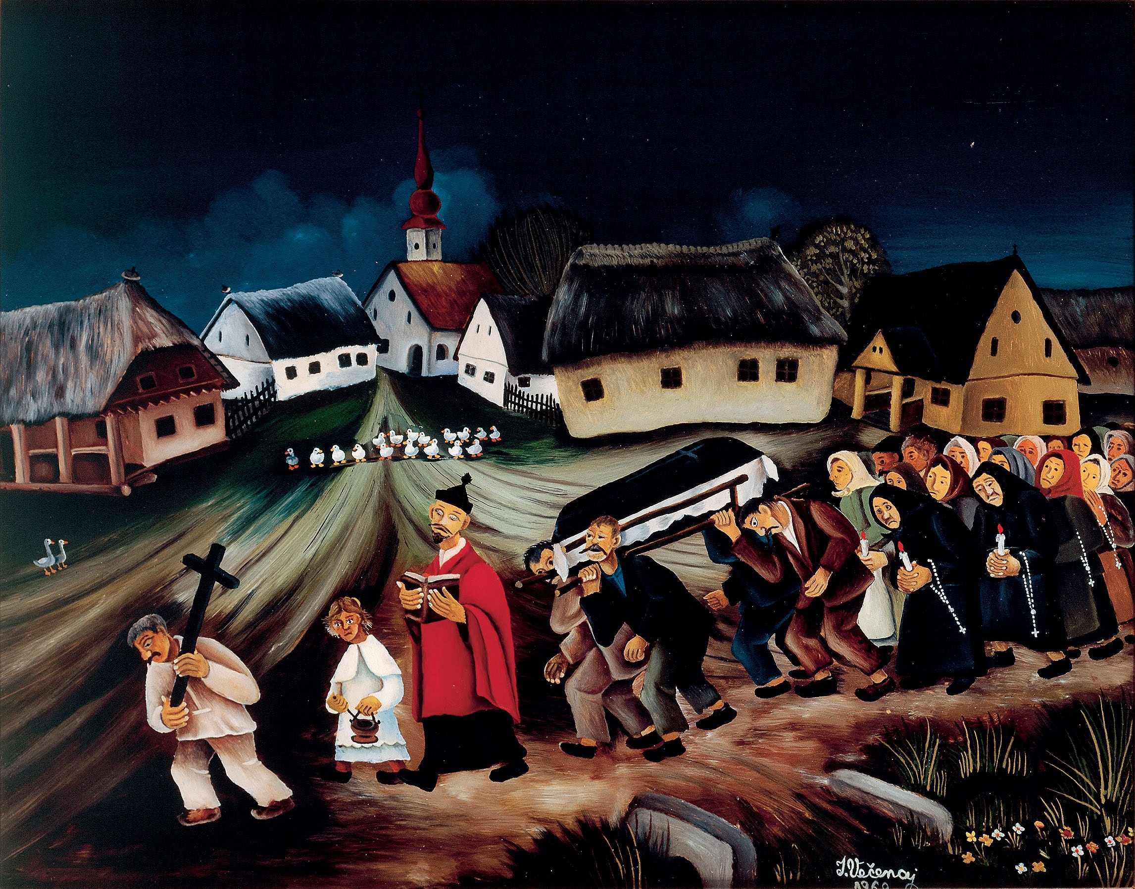 Ivan Večenaj * 1920 in Gola (CRO) † 2013 in Koprivnica (CRO) Trauerzug in Gola, 1960 oil on glass 40 x 50 cm (Sammlung Zander | Naive Art)