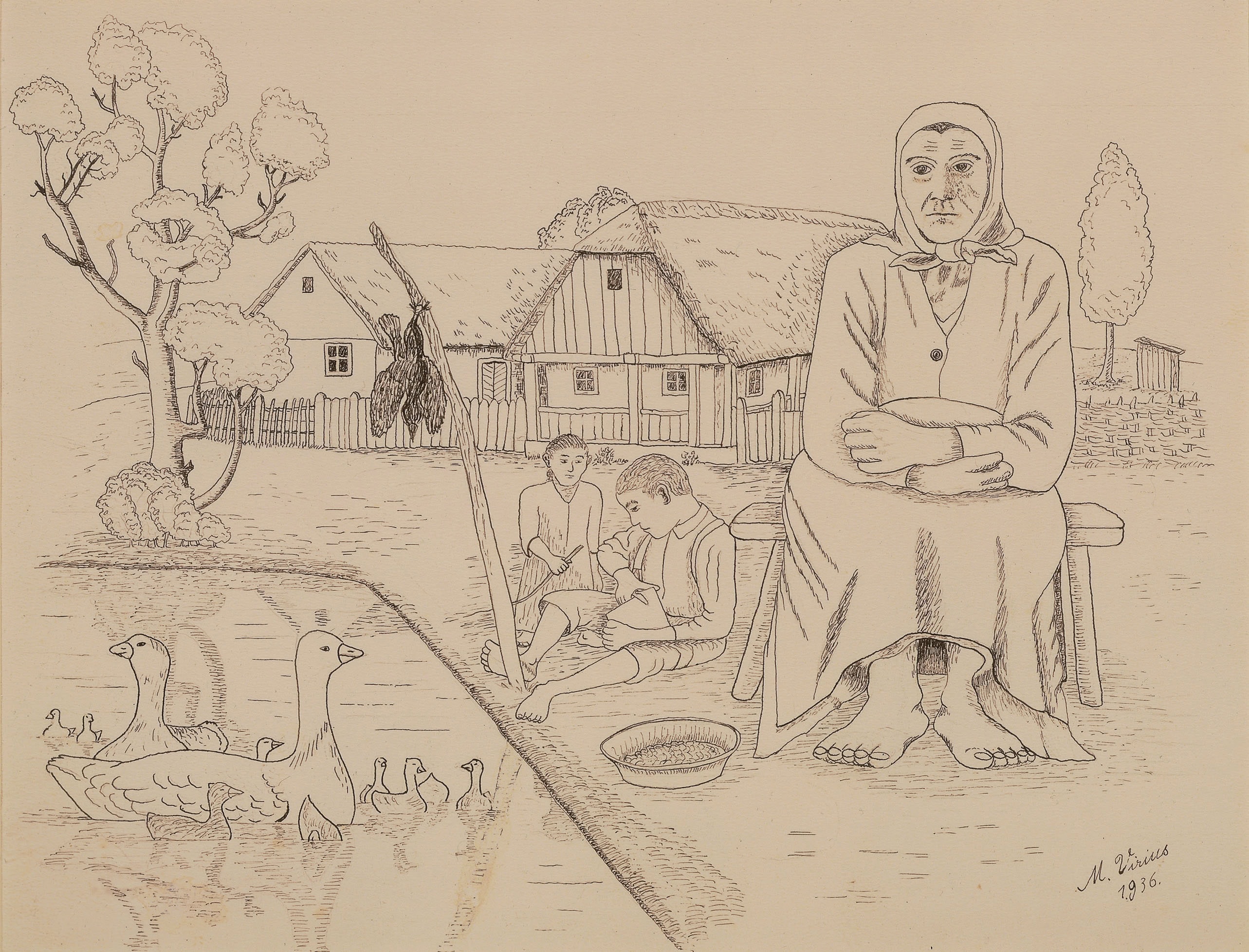 Mirko Virius * 1889 in Đelekovec (HRV) † 1943 in Zemun (SRB) Frau am Dorfteich, 1936 Indian ink on paper 30 x 38 cm (Sammlung Zander | Naive Art)