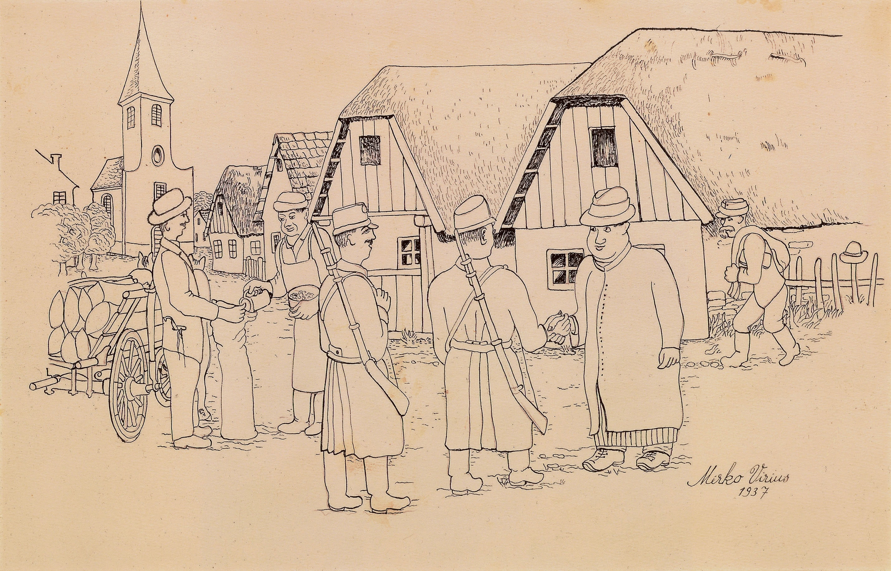 Mirko Virius * 1889 in Đelekovec (HRV) † 1943 in Zemun (SRB) Eintreiben des Tributes, 1937 Indian ink on paper 30 x 43 cm (Sammlung Zander | Naive Art)