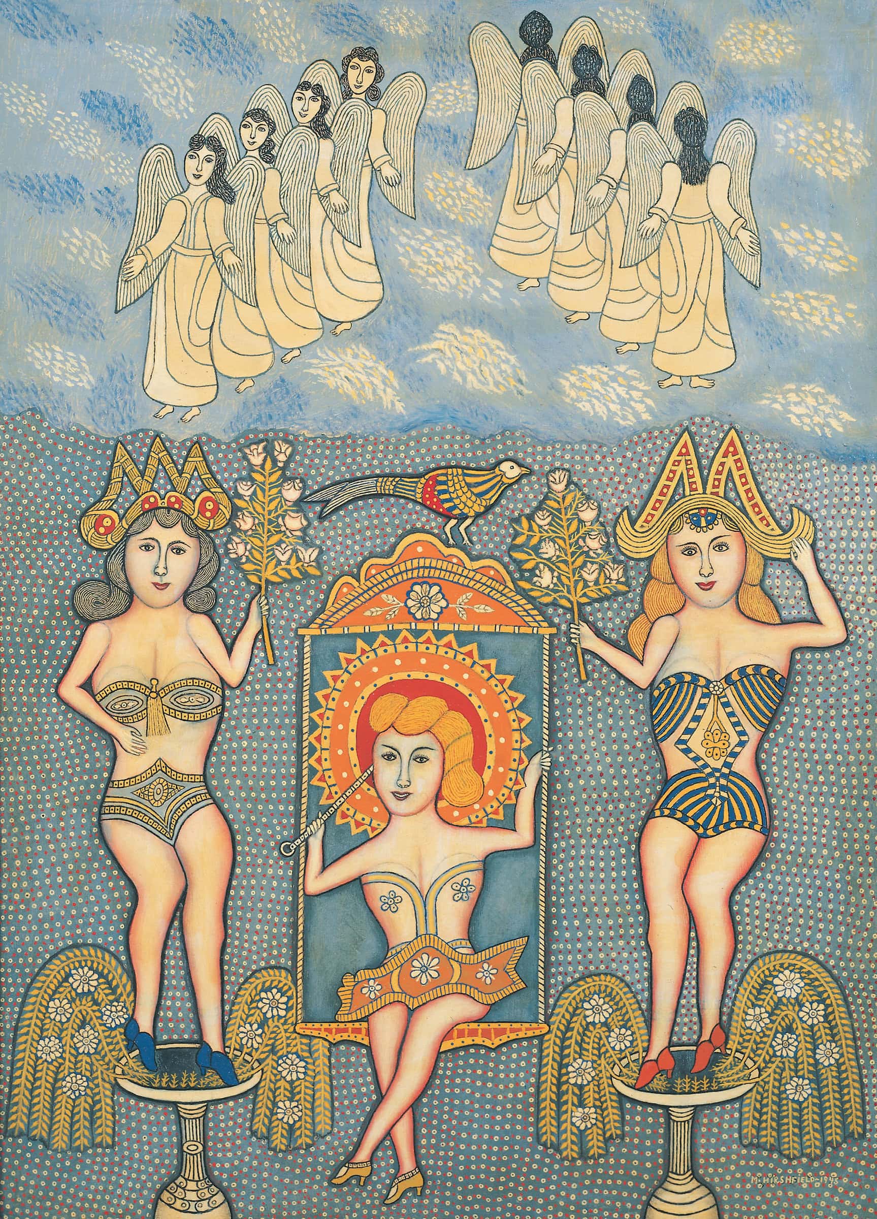 Morris Hirshfield, Stage Girls with Angels, 1945, oil on canvas, 127 x 91,5 cm (Sammlung Zander | Naive Art)