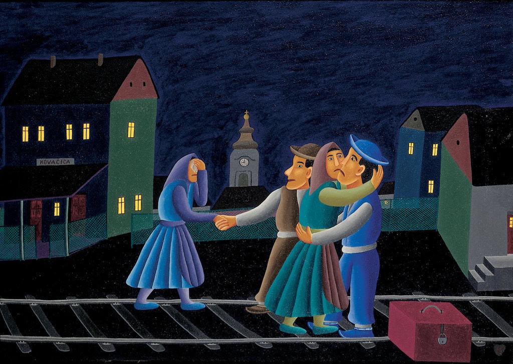 Ján Knjazovic * 1925 IN KOVAČICA (SER) † 1986 IN KOVAČICA (SER) Abschied am Bahnhof, 1964 oil in canvas 50 x 70 cm (Sammlung Zander | Naive Art)