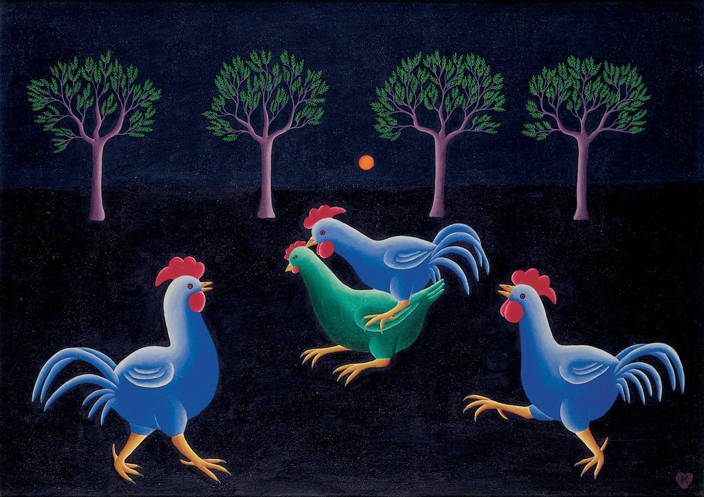 Ján Knjazovic * 1925 IN KOVAČICA (SER) † 1986 IN KOVAČICA (SER) Hähne und Huhn, 1964 Öl auf Leinwand 50 x 70 cm (Sammlung Zander | Naive Kunst)