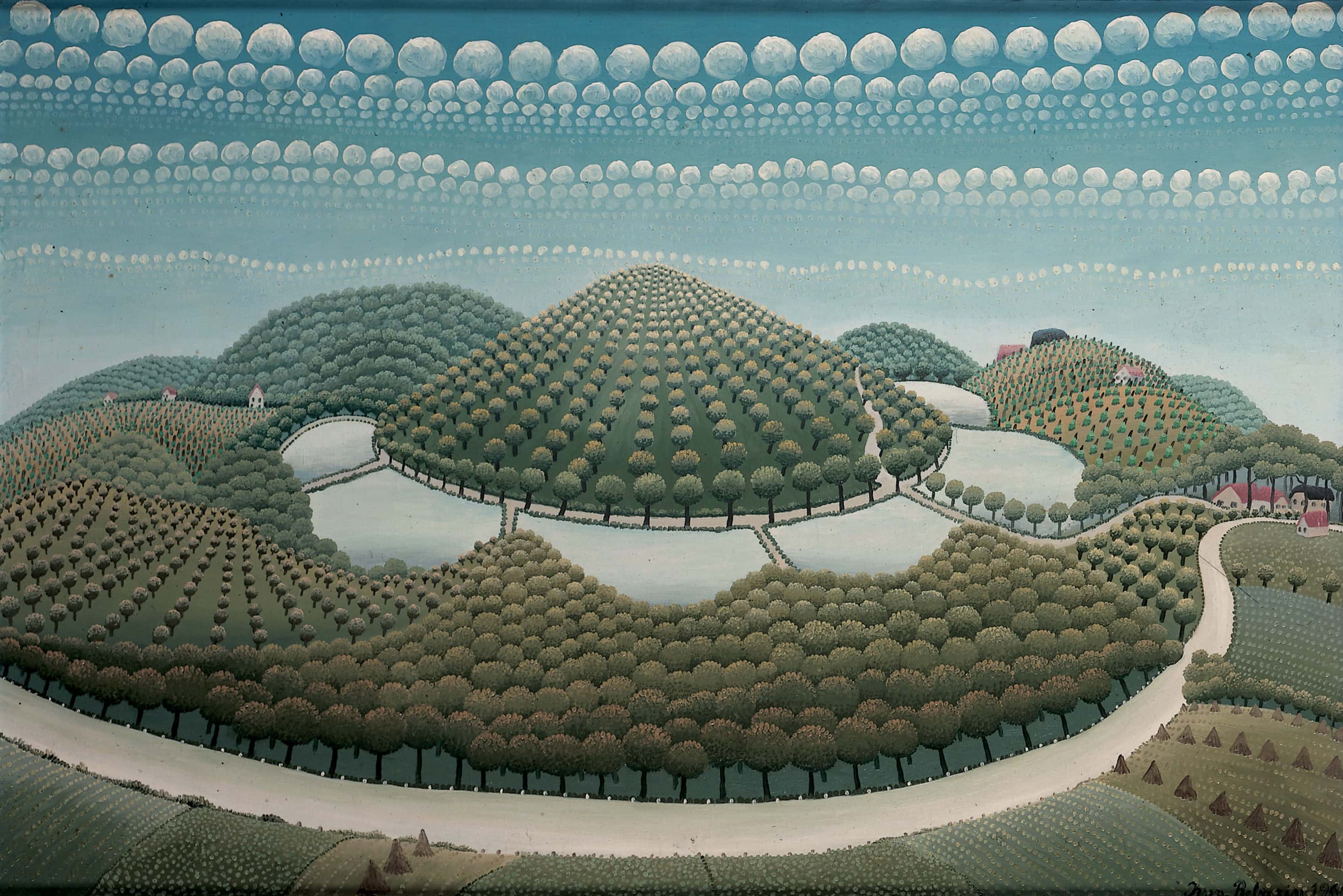 Ivan Rabuzin * 1921 in Ključ (HRV) † 2008 in Varaždin (HRV) Landschaft mit sieben Hügeln, 1966 oil on canvas 59 x 89 cm (Sammlung Zander | Naive Art)