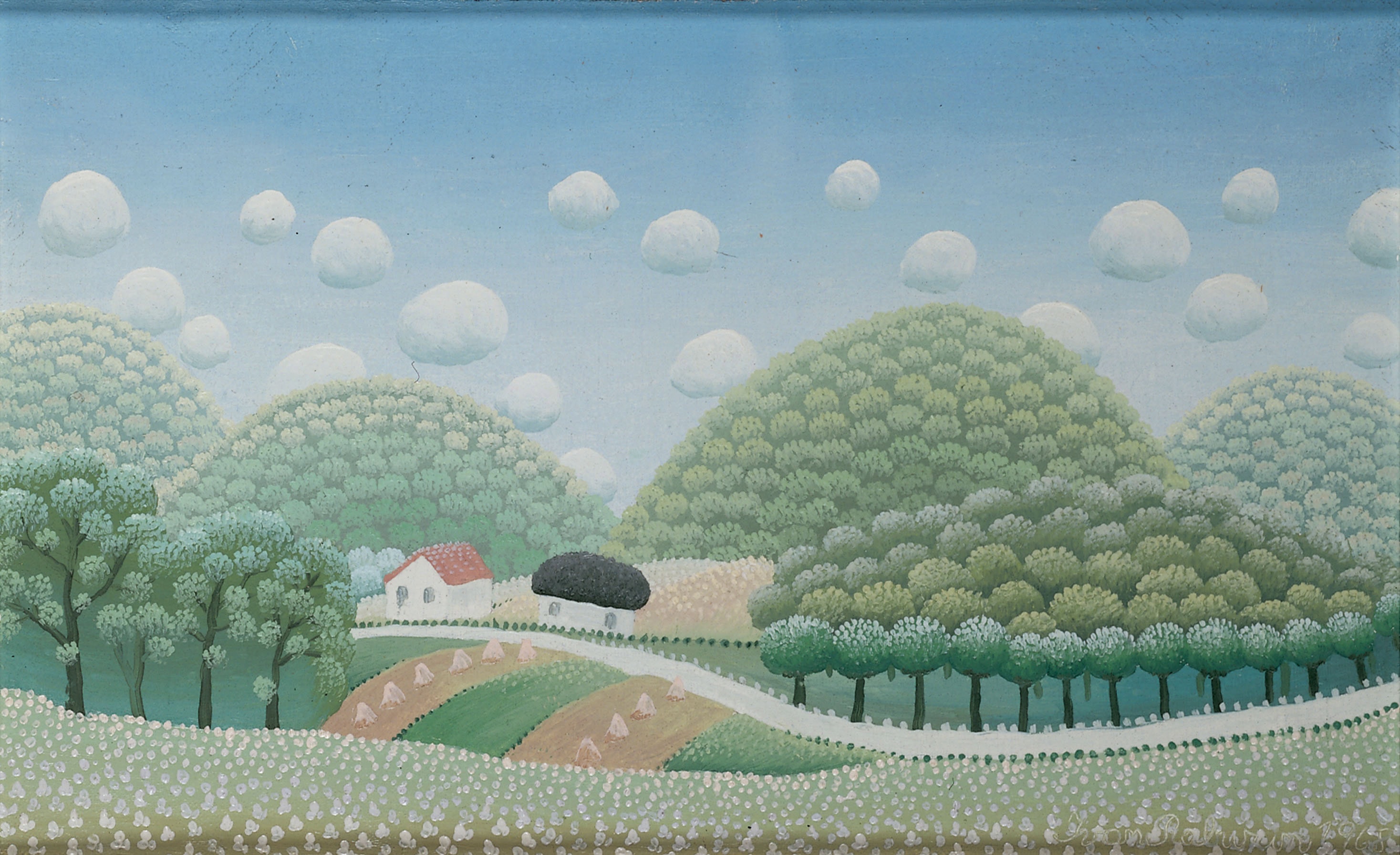 Ivan Rabuzin * 1921 in Ključ (HRV) † 2008 in Varaždin (HRV) Sommerliche Landschaft mit drei Hügeln, 1968 Öl auf Leinwand 26 x 44 cm (Sammlung Zander | Naive Kunst)