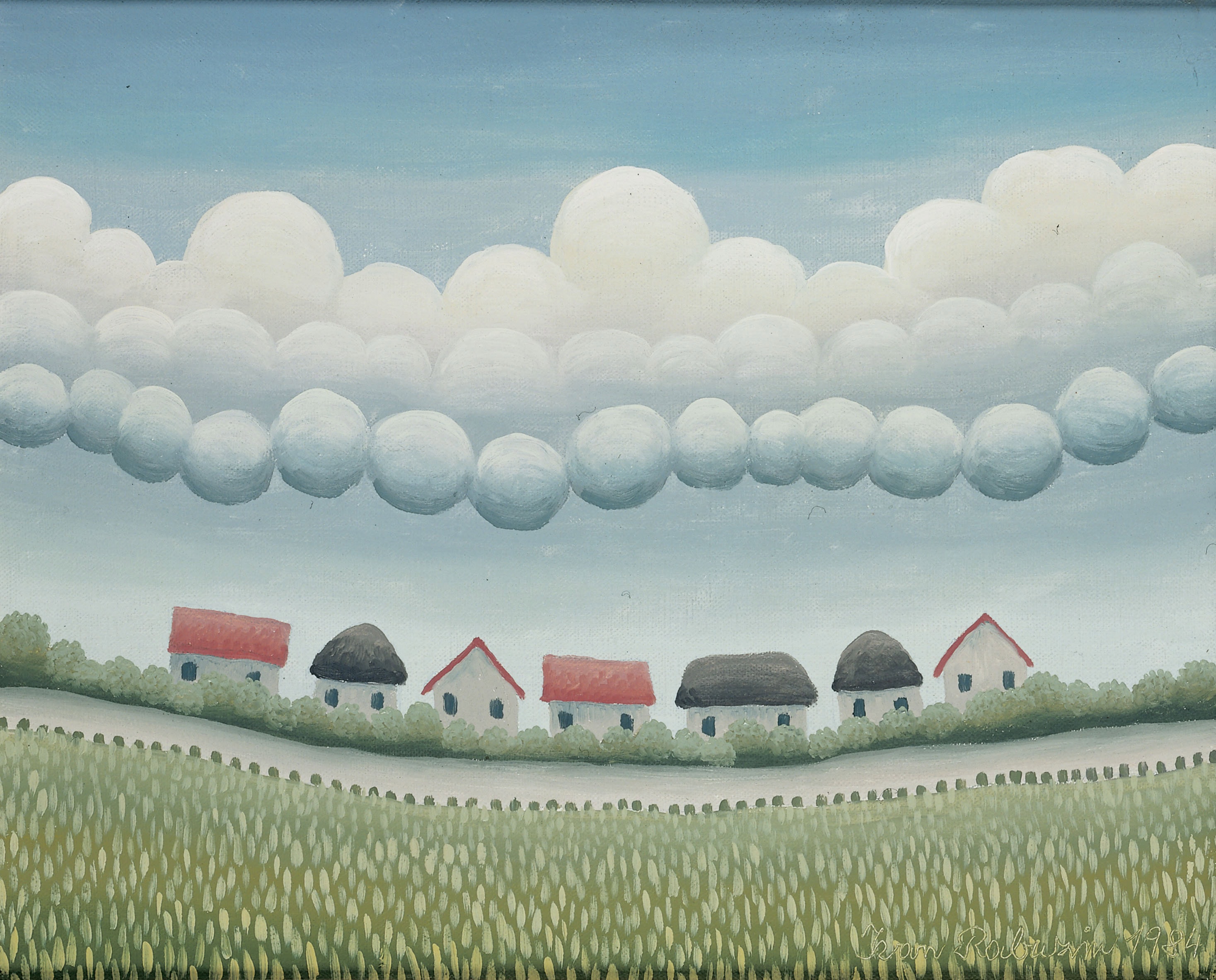 Ivan Rabuzin * 1921 in Ključ (HRV) † 2008 in Varaždin (HRV) Sieben Häuser und Wolken, 1984 Öl auf Leinwand 33 x 41 cm (Sammlung Zander | Naive Kunst)