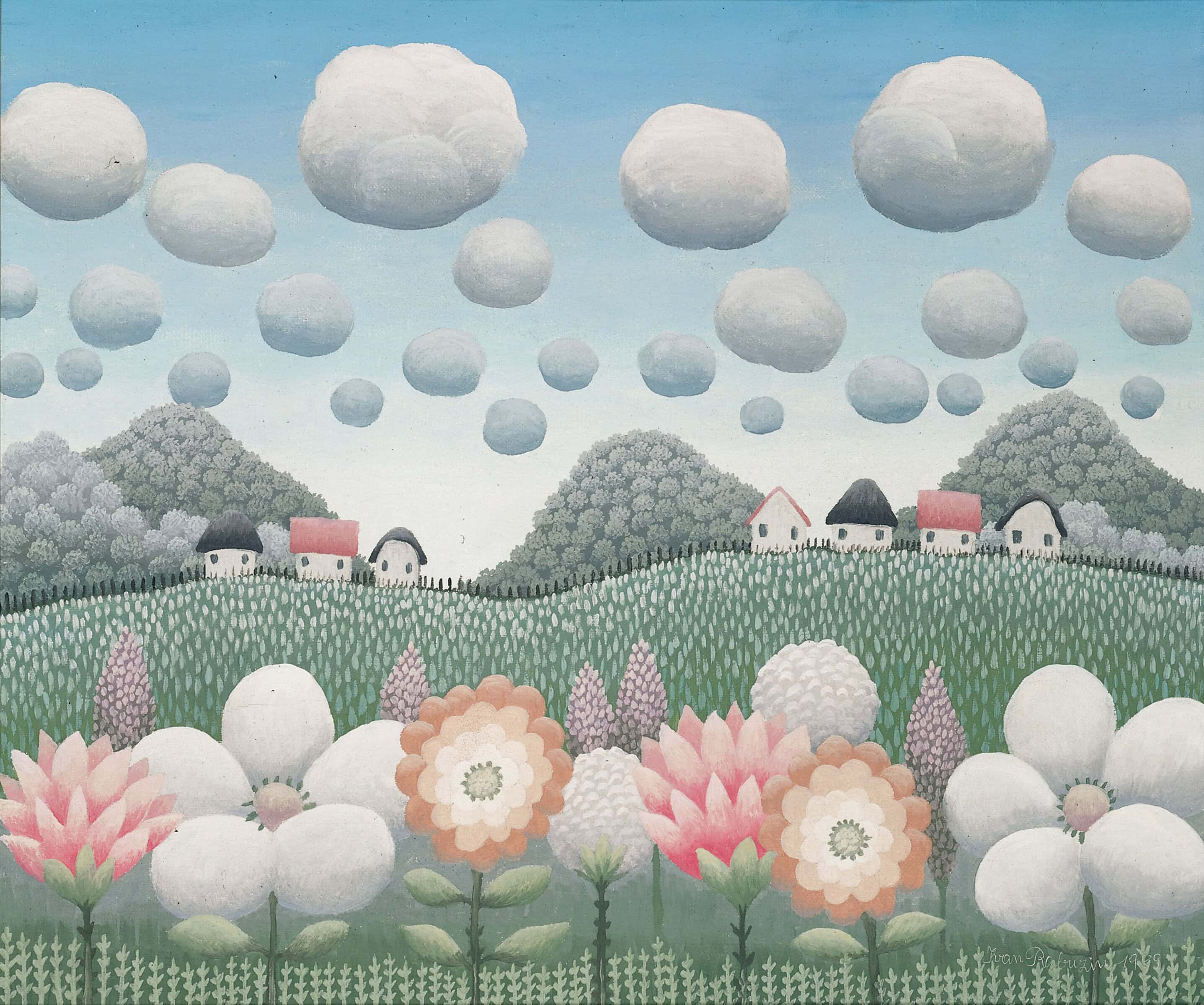 Ivan Rabuzin * 1921 in Ključ (HRV) † 2008 in Varaždin (HRV) Blüten am Zaun, 1989 Öl auf Leinwand 46 x 55 cm (Sammlung Zander | Naive Kunst)