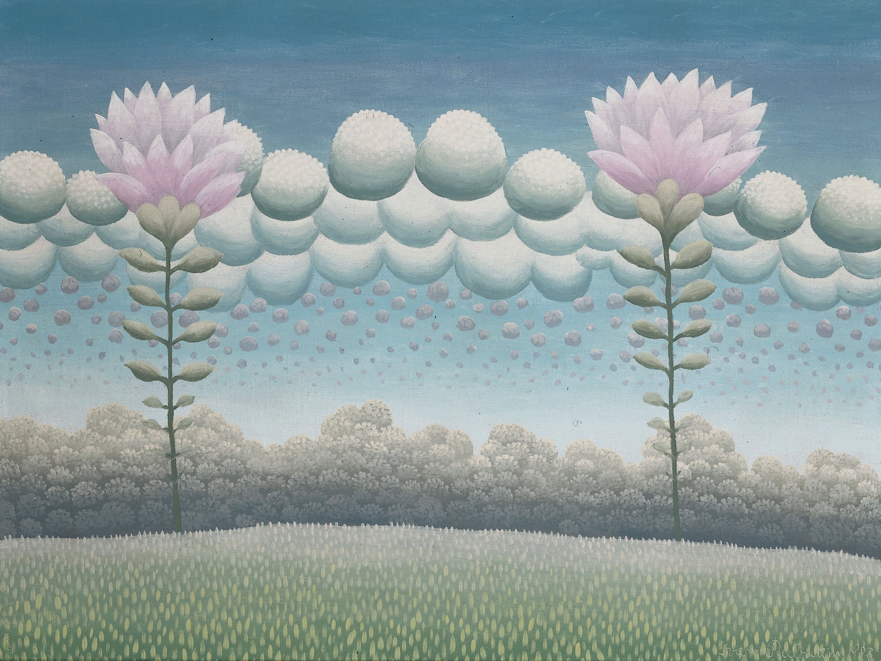 Ivan Rabuzin * 1921 in Ključ (HRV) † 2008 in Varaždin (HRV) Zwei rosa Blüten in Wolkenperlen, 1983 Öl auf Leinwand 46,5 x 61,5 cm (Sammlung Zander | Naive Kunst)