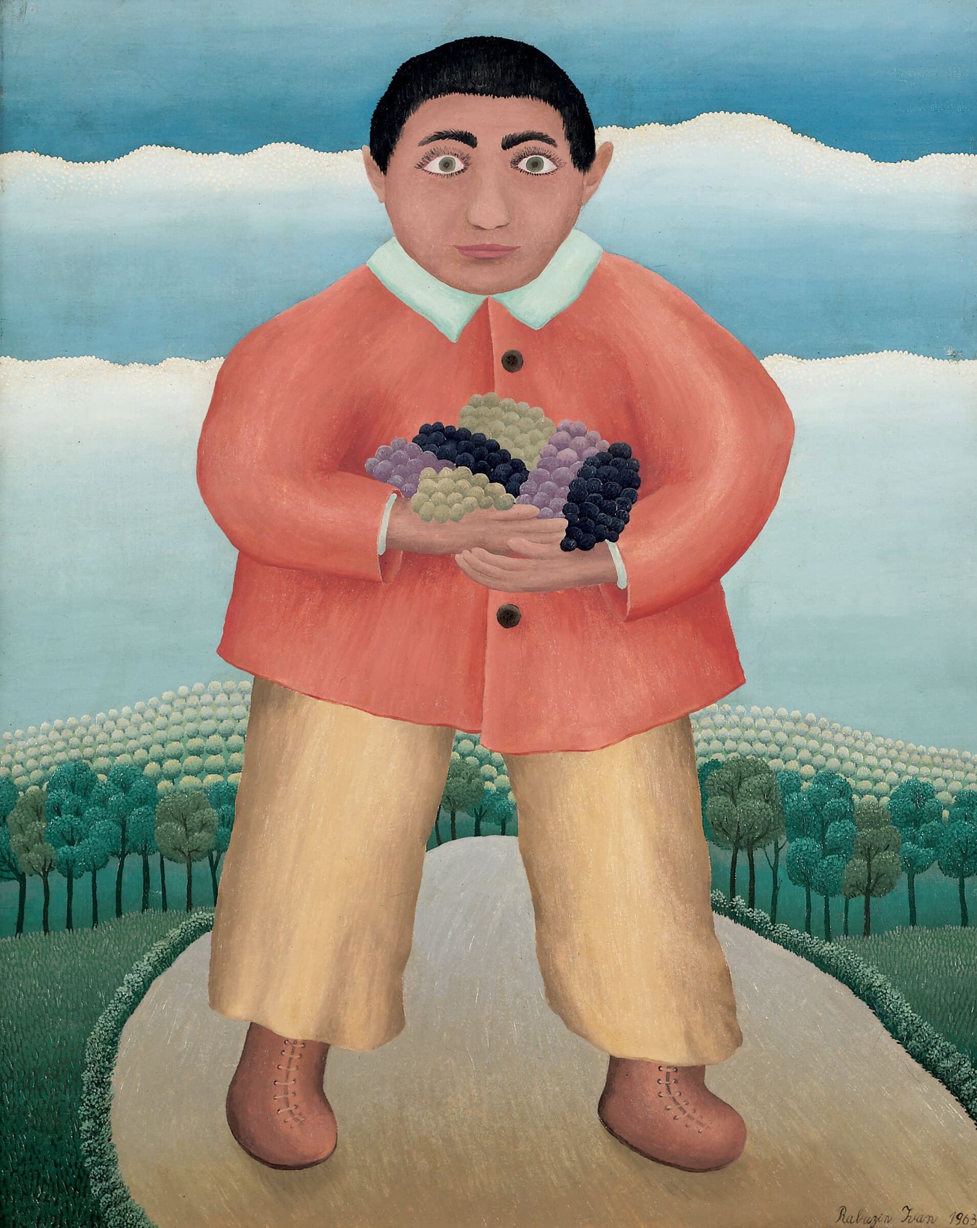 Ivan Rabuzin * 1921 in Ključ (HRV) † 2008 in Varaždin (HRV) Knabe mit Trauben, 1963 oil on canvas 80.7 x 65 cm (Sammlung Zander | Naive Art)